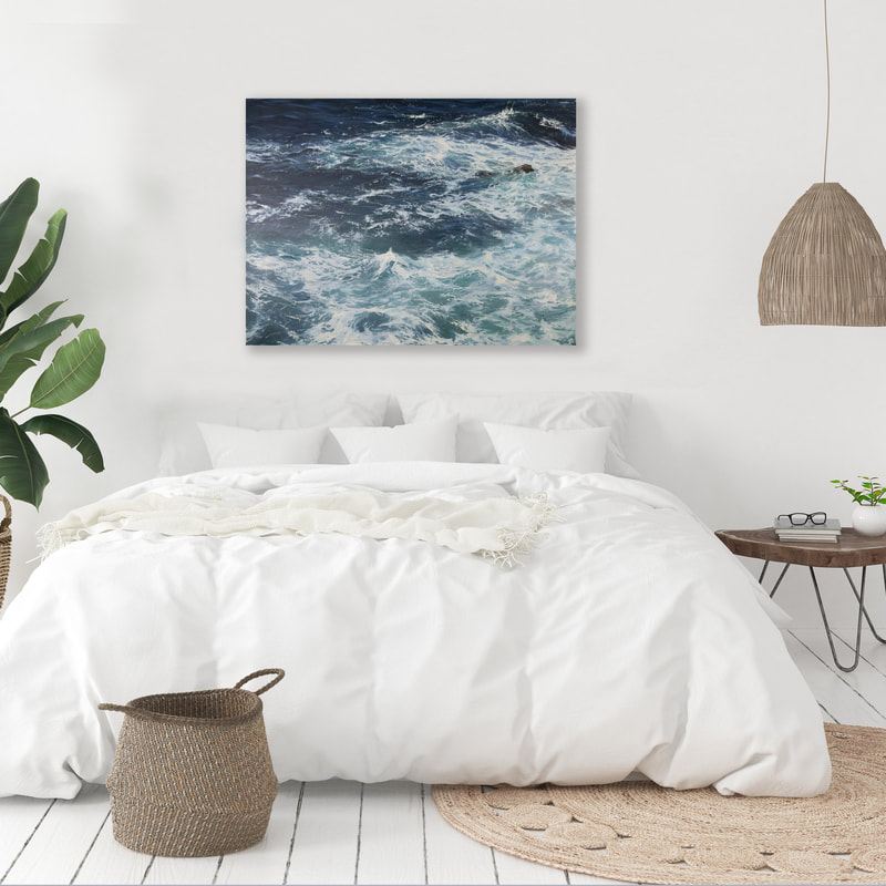 Deep Blue I, Seascape by Annie Wildey in master bedroom