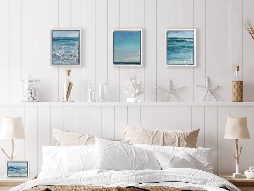 Annie Wildey Seascapes - Crystal Surf, Coastal Dream, Rollin' In 10x8in, oil, $825 each. Sunlit Sea I, 5x7, oil, $350 on the bedside table