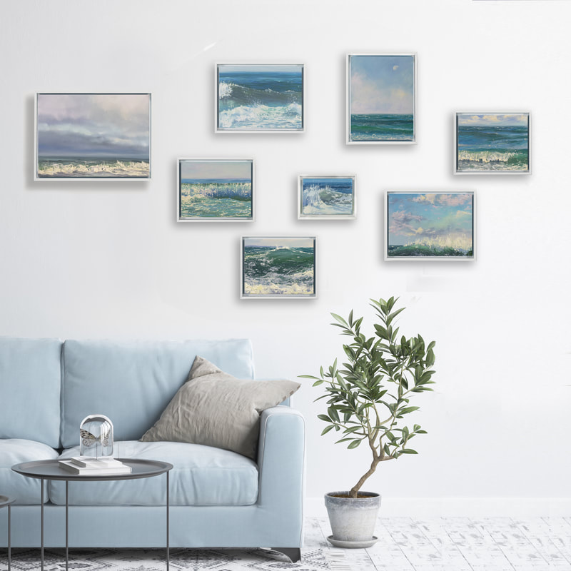 Coastal Breeze Collection Gallery Wall of small oil seascape paintings by Annie Wildey